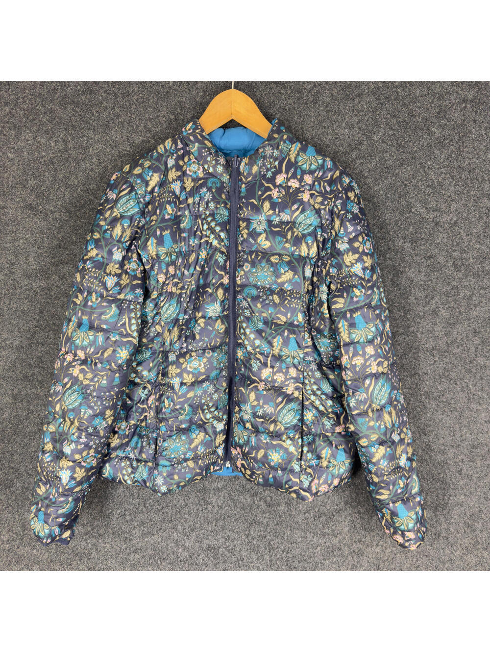 Joe Fresh Puffer Jacket Women M Medium Blue Floral Full Zip Long Sleeve Lined